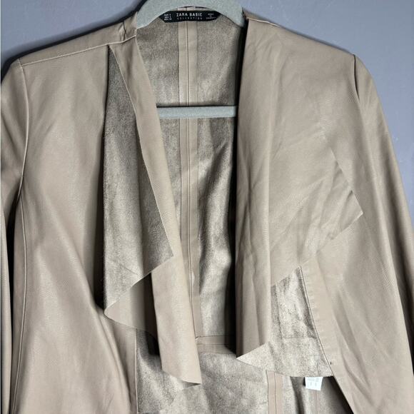 Zara Taupe Faux Leather Open Front Jacket With Wide Collar Size Small - Picture 2 of 7